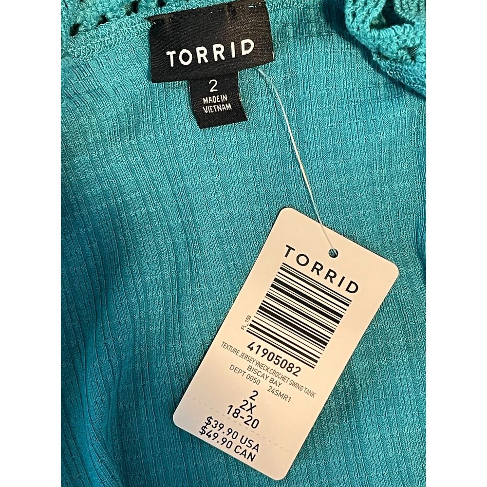 Torrid Textured Jersey V-Neck Crochet Swing Tank Top Biscay Bay Blue Size 2 NWT - Picture 10 of 10